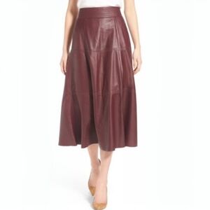 Olivia Palermo x Chelsea28 Burgundy Leather Midi Skirt XS Paneled